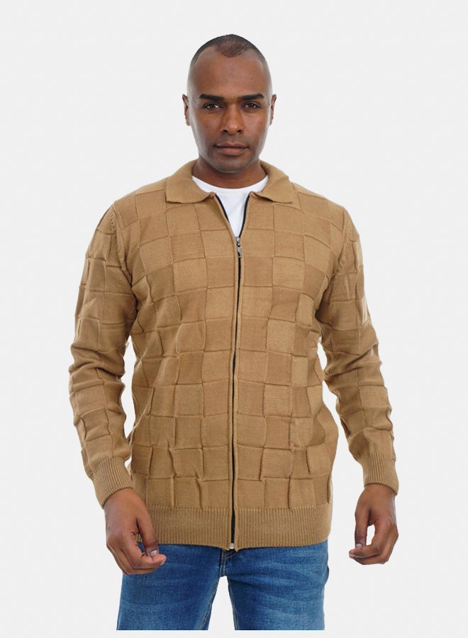 FIRE WOOD FireWood Zipper Knit Cardigan Long Sleeve Soft Knit Fabric For Men- Camel - Image 2